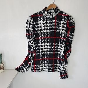 Plaid Puff Sleeve Turtleneck Top Women’s Large Stretchy Long Sleeve Shirt Shein